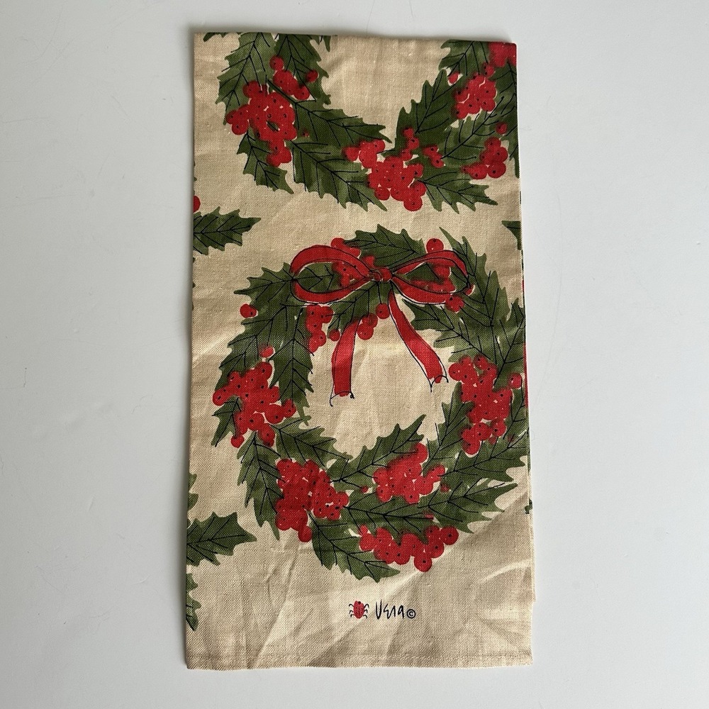 Vintage Vera Neumann Wreath Tea Towel Kitchen Christmas MCM